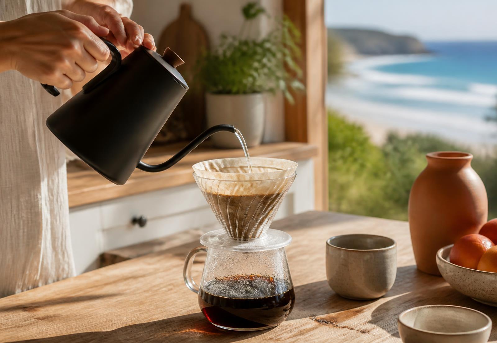 Coffee being brewed as a pour-over in a sunlit coastal kitchen